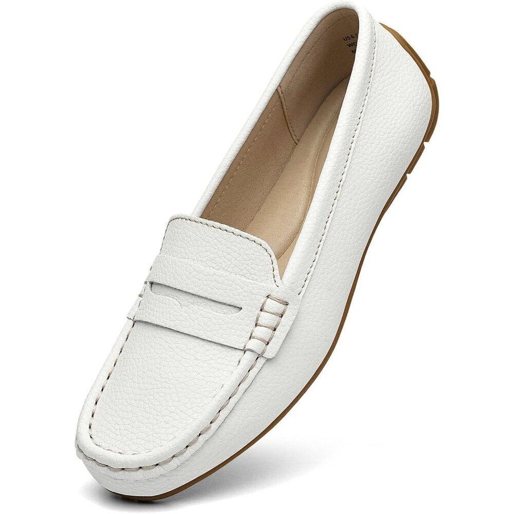 Kordal Women's White Leather Comfortable & Lightweight Penny Loafers Flats